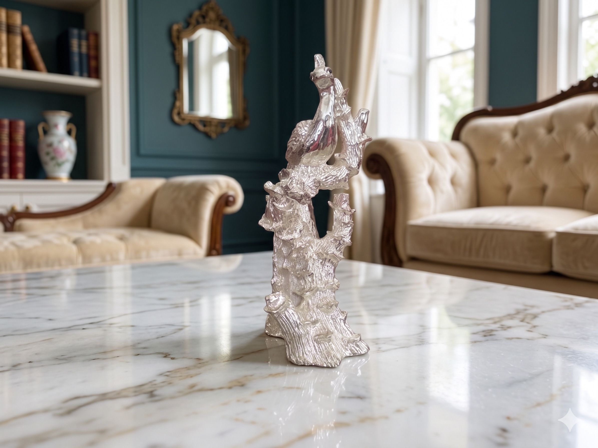 999 pure Silver Coated Peacock Figurine, Artisanal Living Room Centerpiece Decorative Showpiece - 26 cm-image-25