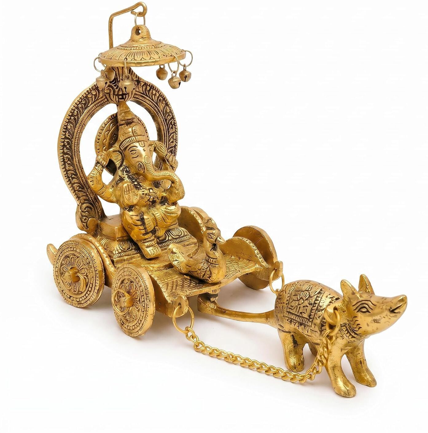 Antique Lord Ganesha Rath Idol with Mouse Chariot | Brass Finish Decorative Showpiece - 23 cm-image-3