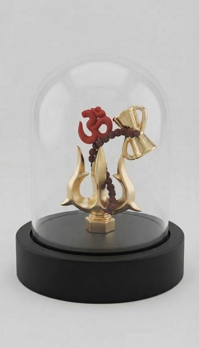 Lord Shiva Trishul with Damru Decorative Showpiece in Transparent Acrylic Dome Decorative Showpiece - 12 cm-image-2