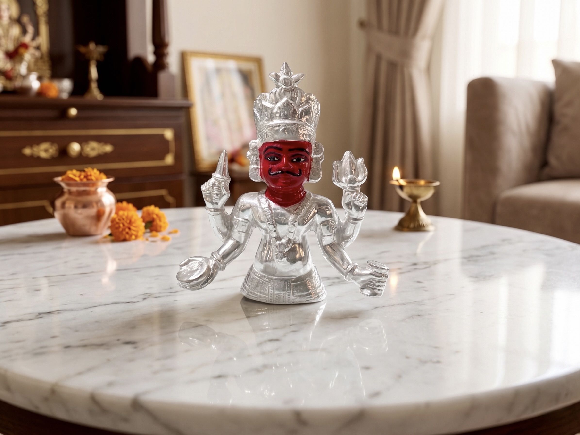 999 Pure Silver Coated Nakoda Bhairav Idol – Four-Armed Deity for Home Mandir Decorative Showpiece - 10 cm-image-18