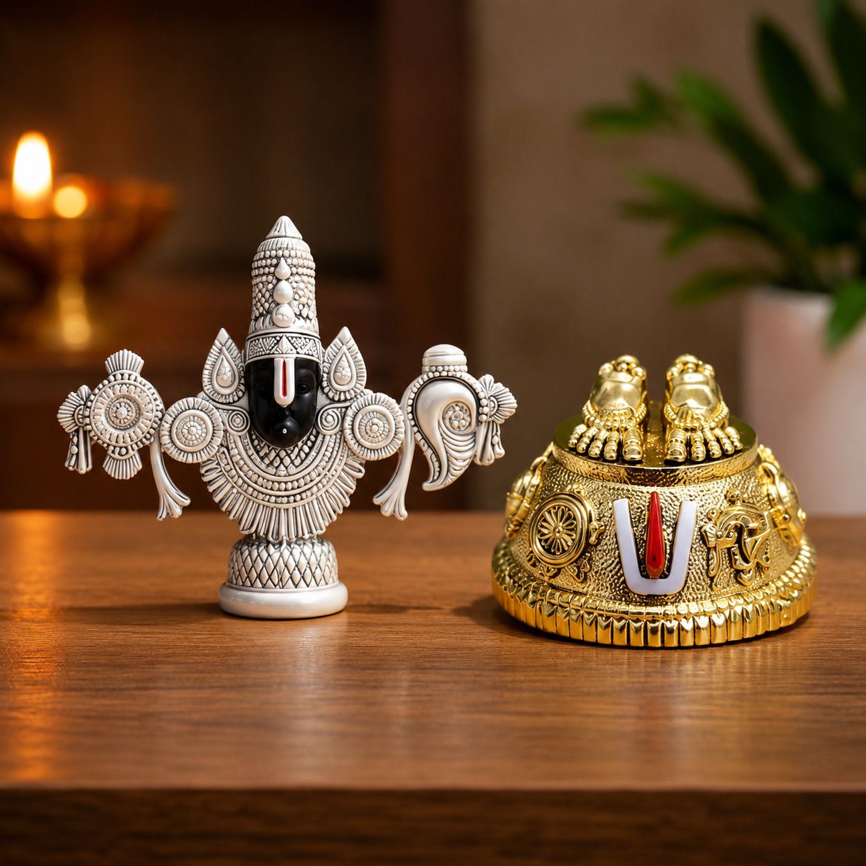 Polyresin Balaji Face Idol with Tirupati Balaji Charan Paduka for Home Decorative Showpiece - 8.5 cm-image-39