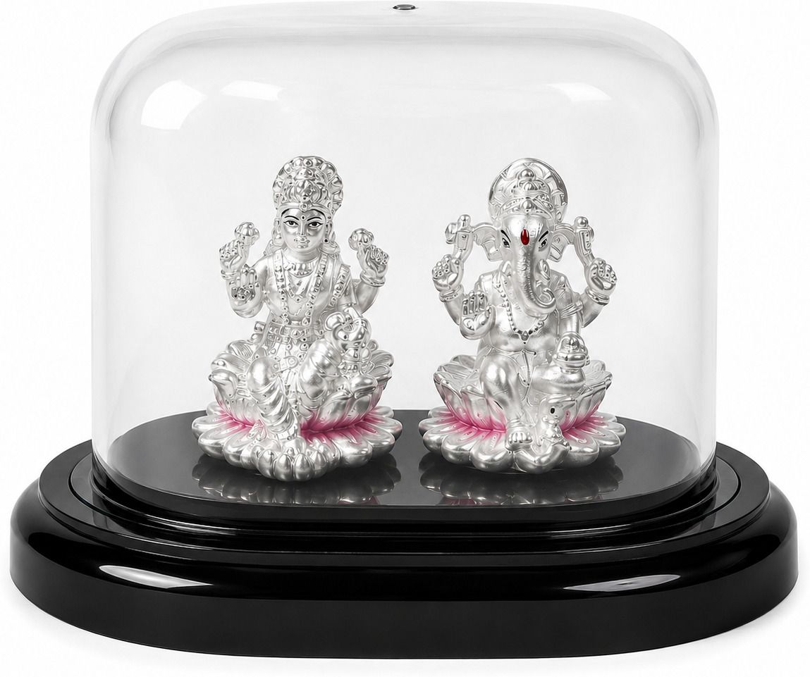 7.48 Gram 999 Pure Silver Lakshmi & Ganesh Idol Pair with Halos and Glass Dome Decorative Showpiece - 8 cm-image-28