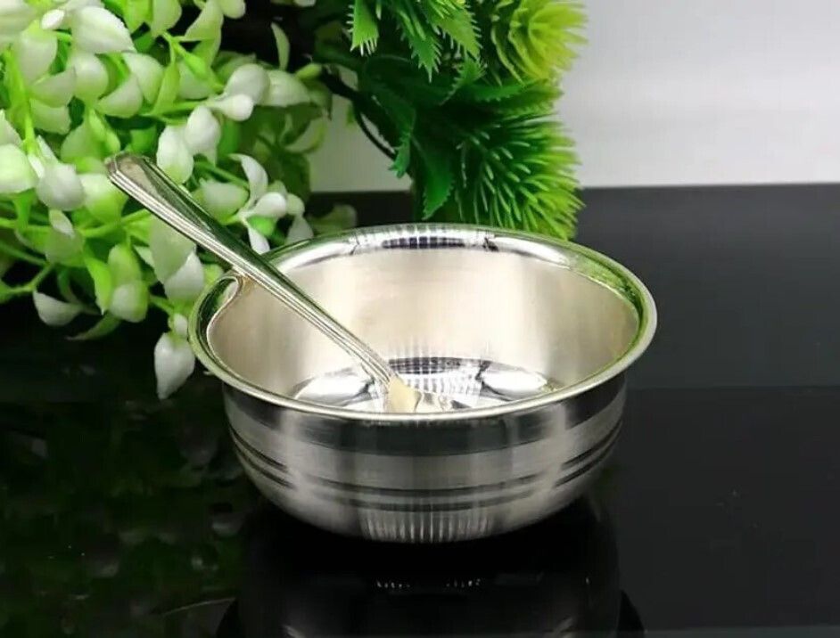 Astro-D 999 Silver katori 25gm with Silver Spoon 14gm. Decorative Showpiece - 3 cm-image-27