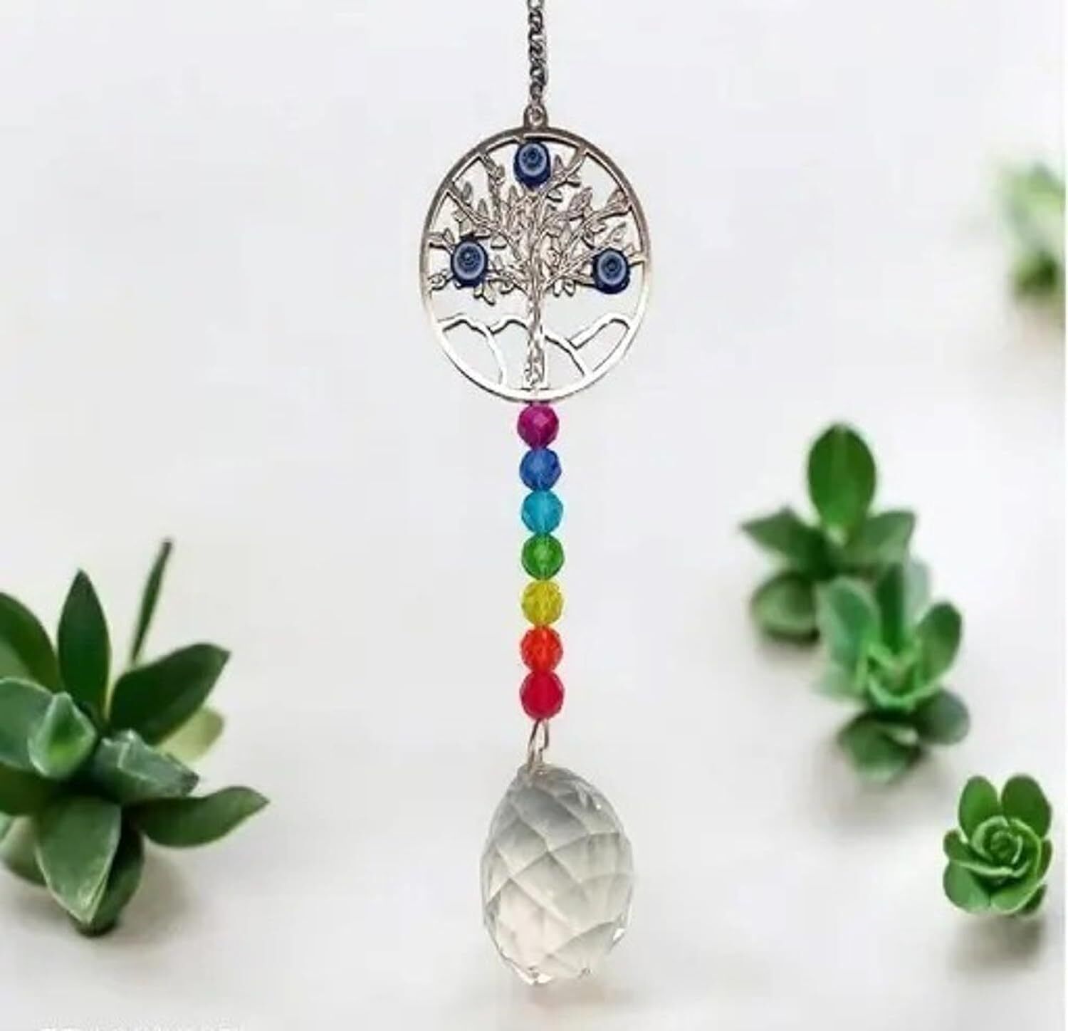 D.B.Z. Tree of Life Evil Eye Suncatcher with 7 Chakra Beads and Crystal Decorative Showpiece - 12 cm-image-20