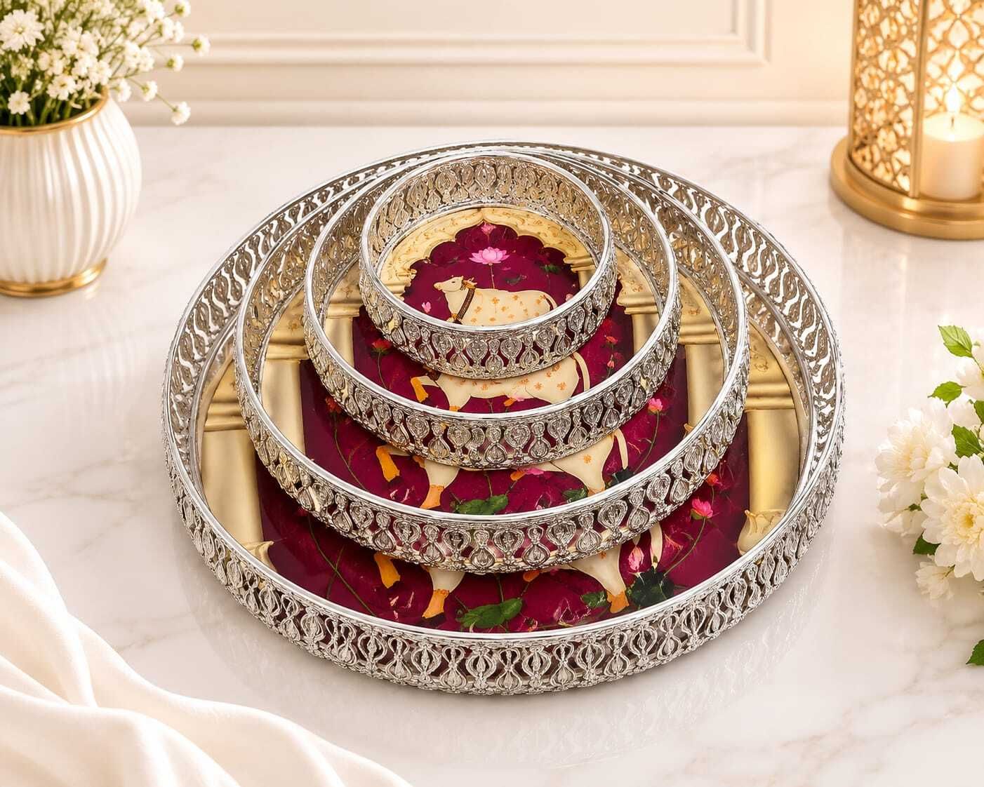 Heritage Pichwai Cow German Silver Decorative Tray Set of 4 Decorative Showpiece - 7 cm-image-47