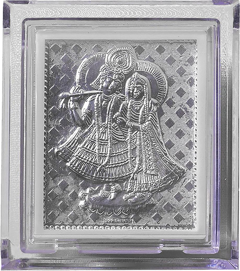 Pure Silver Bhakti Radha-Krishna Frame Pocket Temple Diwali Gifting Decorative Showpiece-7.5 cm
