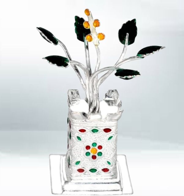 Solid Chandi / Silver Tulsi Small Plant for Home/Office for Pooja_I39 Decorative Showpiece - 7 cm-image-5
