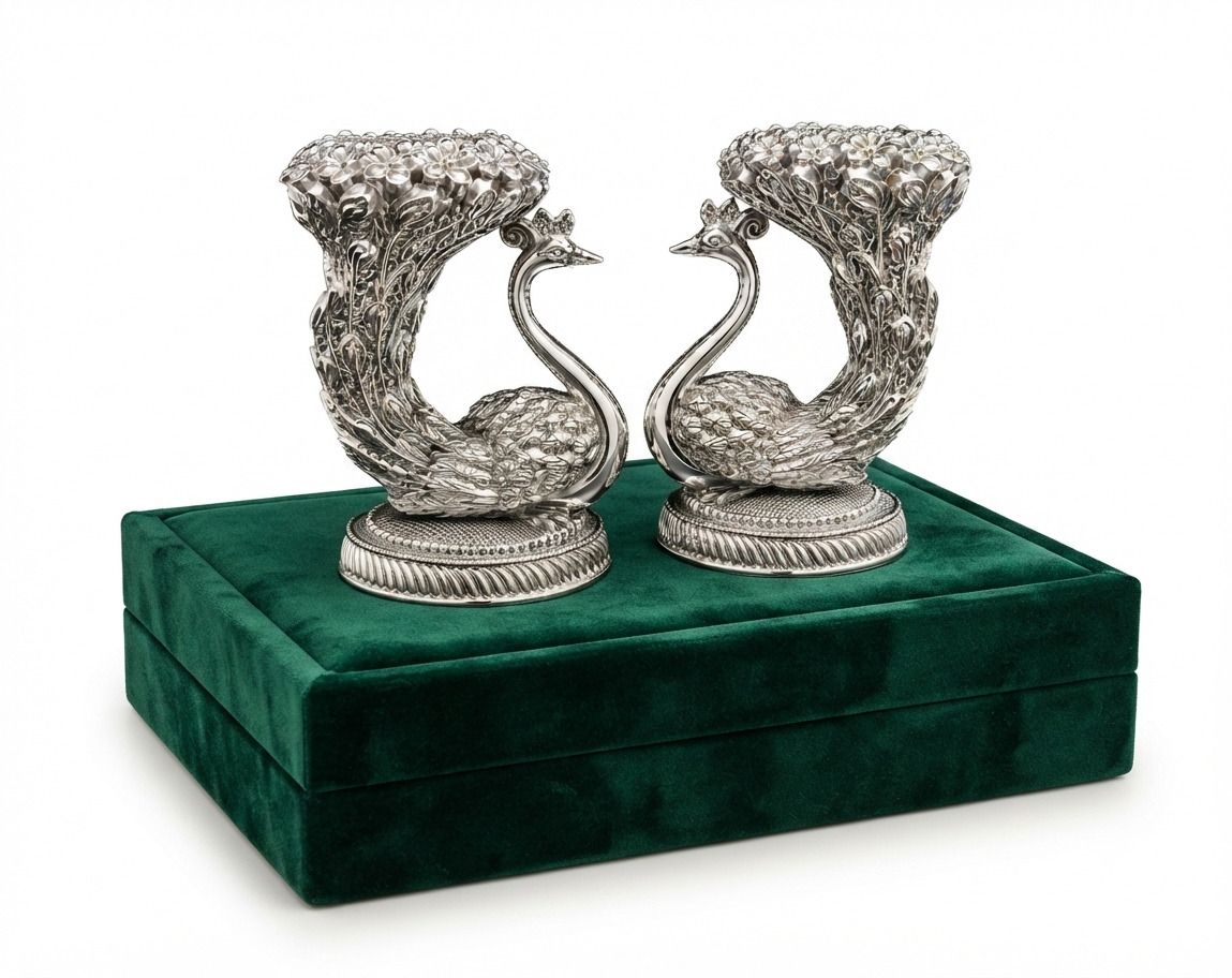 Silver Plated Mayur Candle Stand | Peacock Candle Stand Pair Decorative Showpiece - 13 cm-image-1