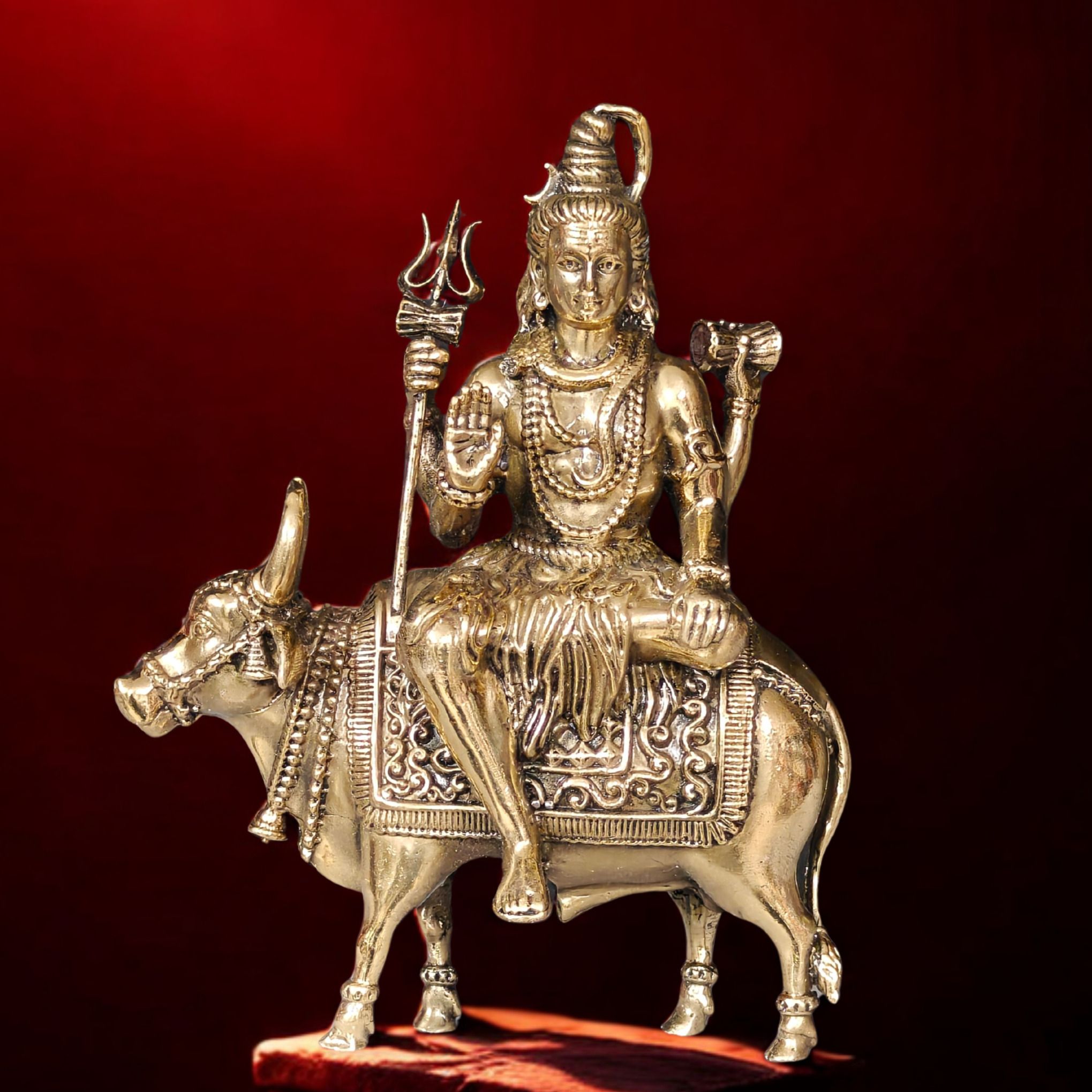 Shiv seated on Nandi Brass Idol | Wax Casted Lightweight Brass | w: 375g | Decorative Showpiece - 15 cm-image-43