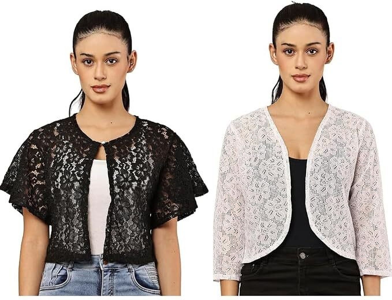 wyxina Women 3/4th Sleeve White, Black Shrug-picture-1