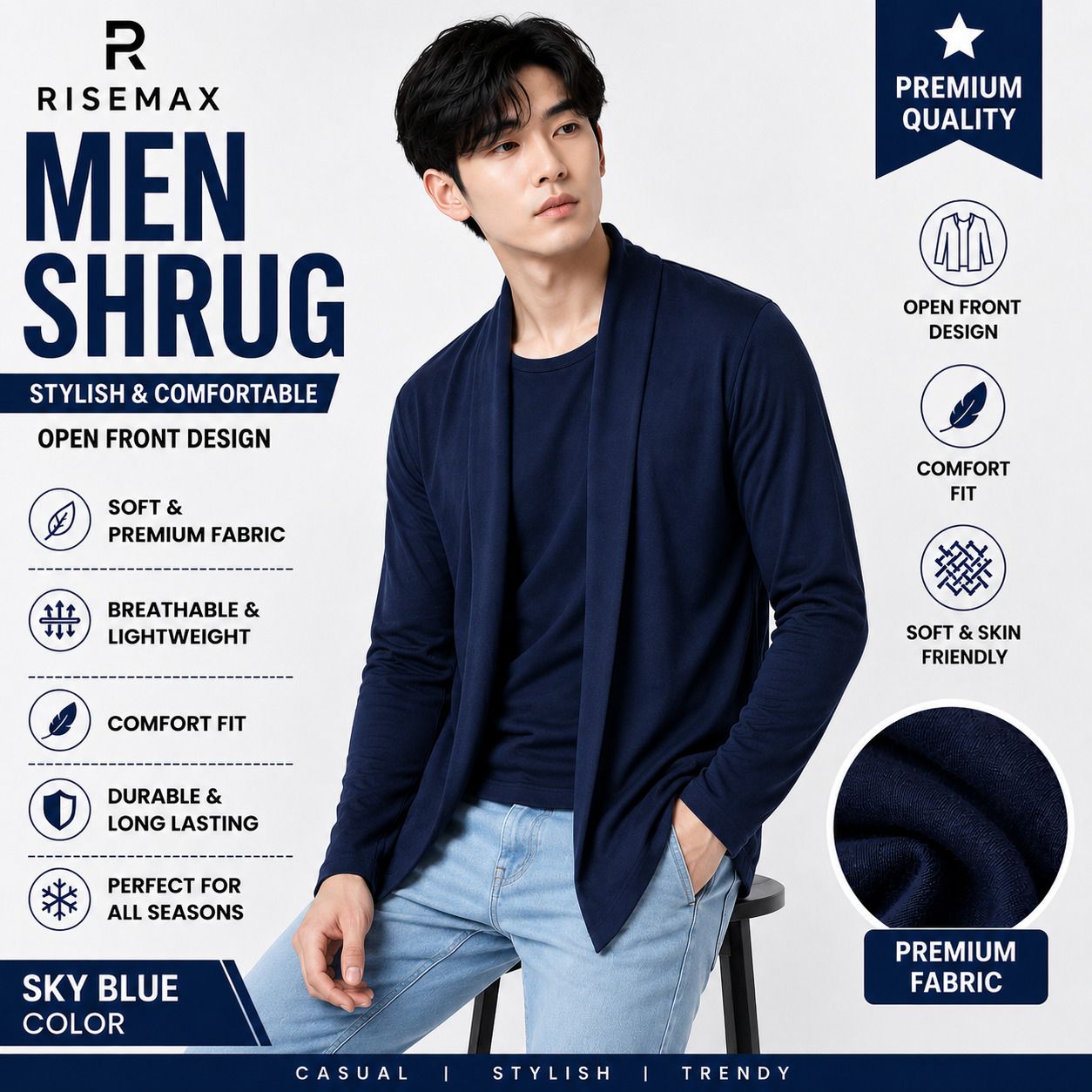 Men Asymmetric Full Sleeve Dark Blue Shrug-image-34