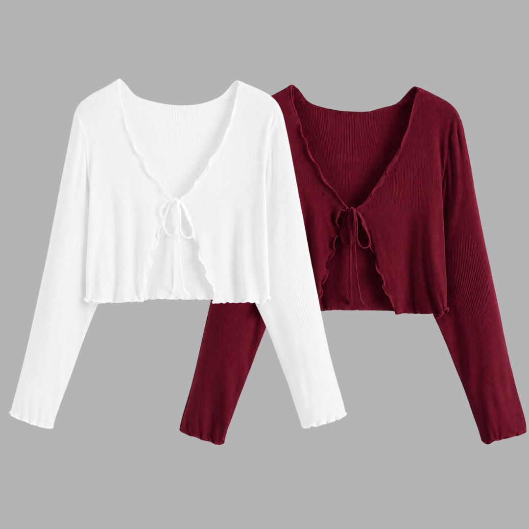 Women Robe Style Full Sleeve White, Maroon Shrug-image-11