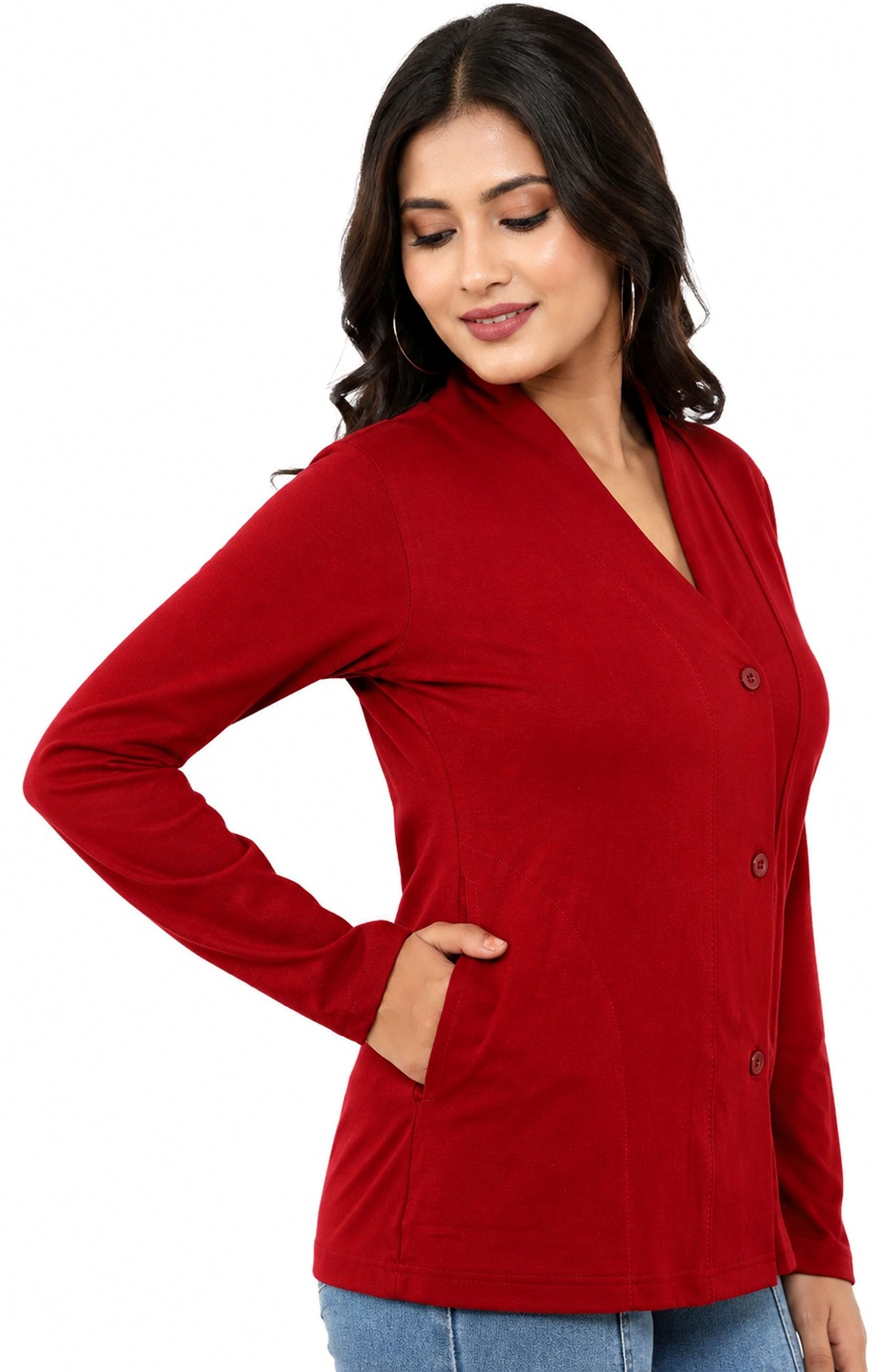 Women Jacket Style Full Sleeve Red Shrug-image-3