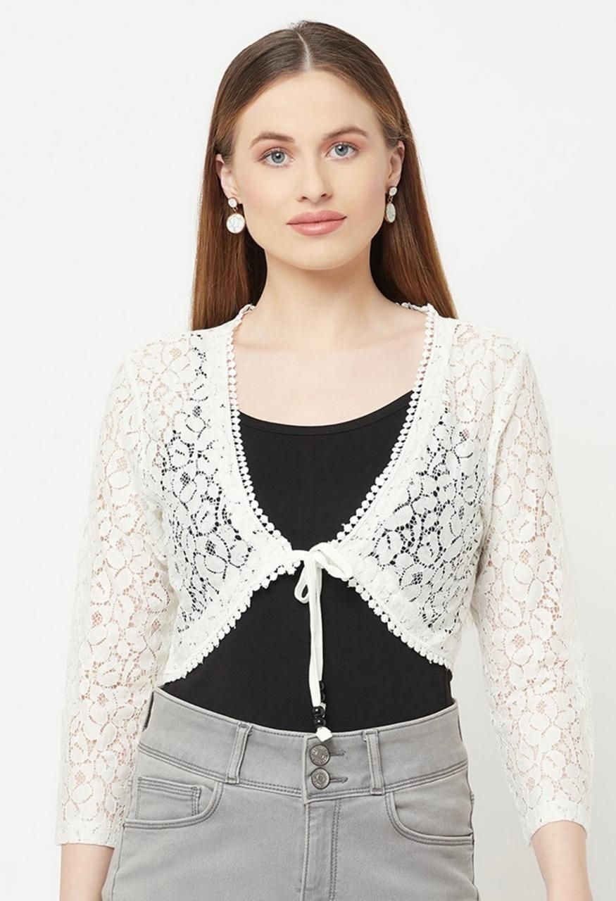 Women Jacket Style 3/4th Sleeve White Shrug-image-30
