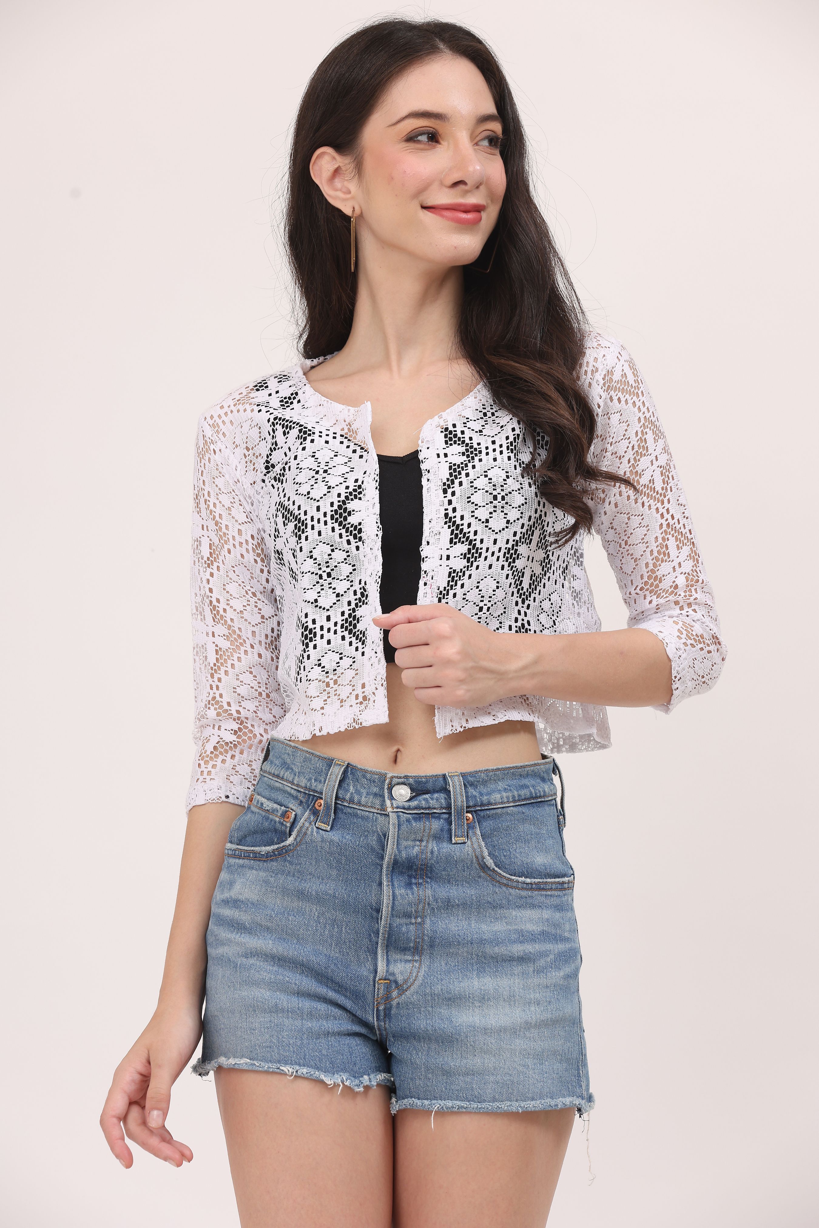 rravayki Women Denim 3/4th Sleeve White Shrug-picture-14