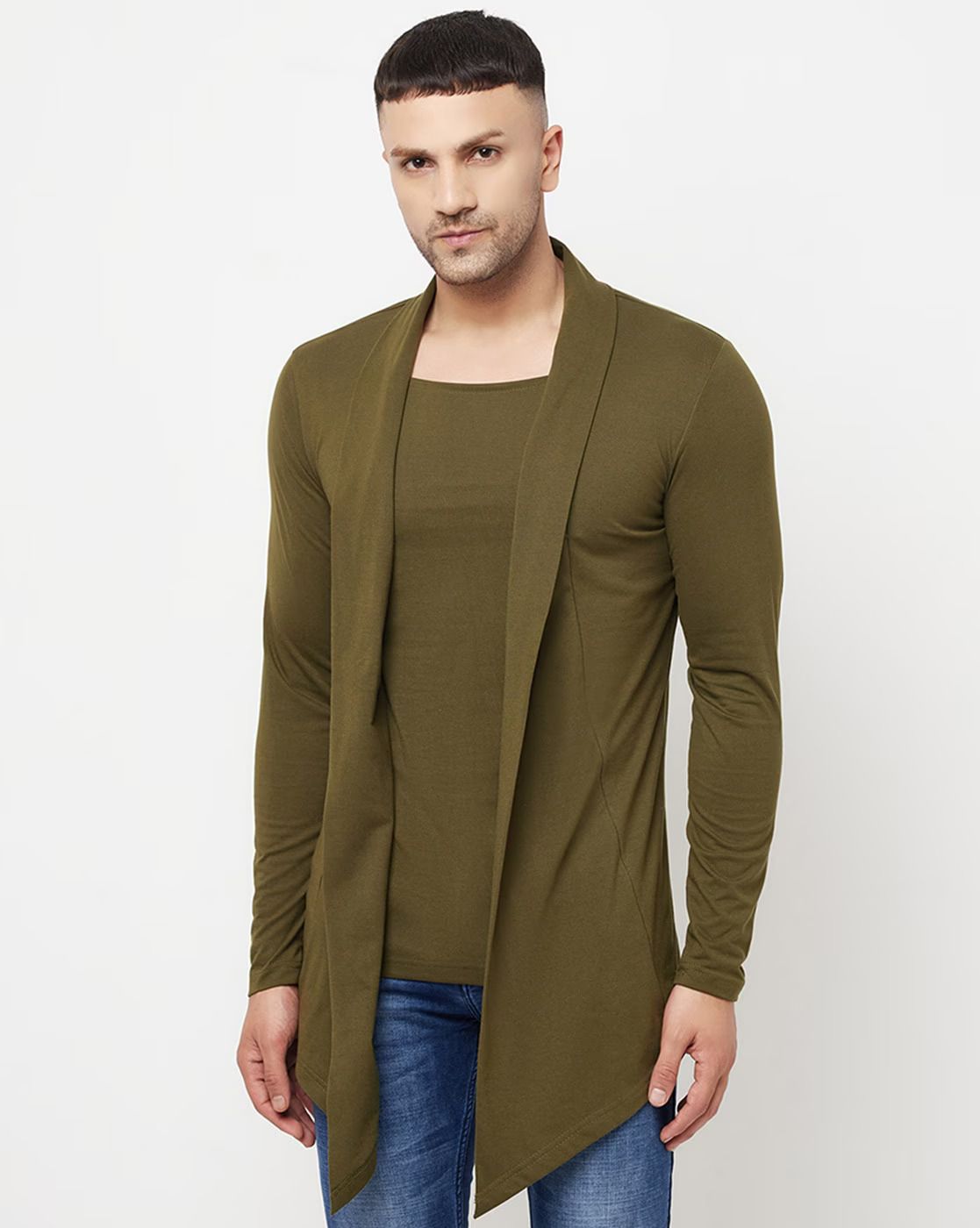 clickwell Men Asymmetric Full Sleeve Dark Green Shrug-picture-3