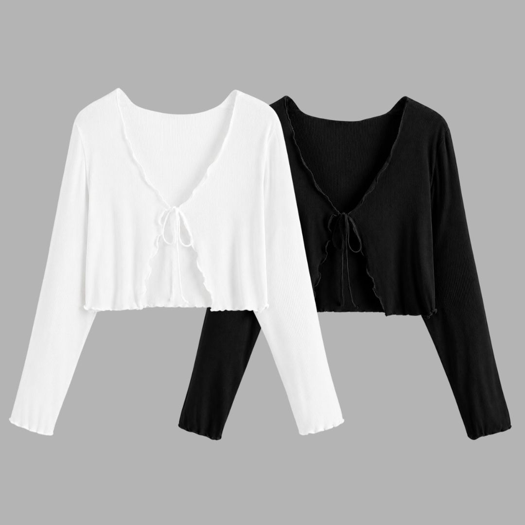 sasafaras Women Robe Style Full Sleeve Black, White Shrug-picture-35