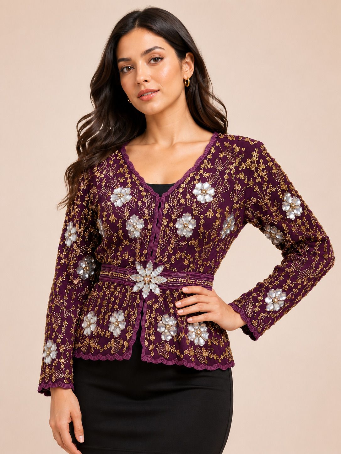 Women Jacket Style Full Sleeve Purple Shrug-image-8