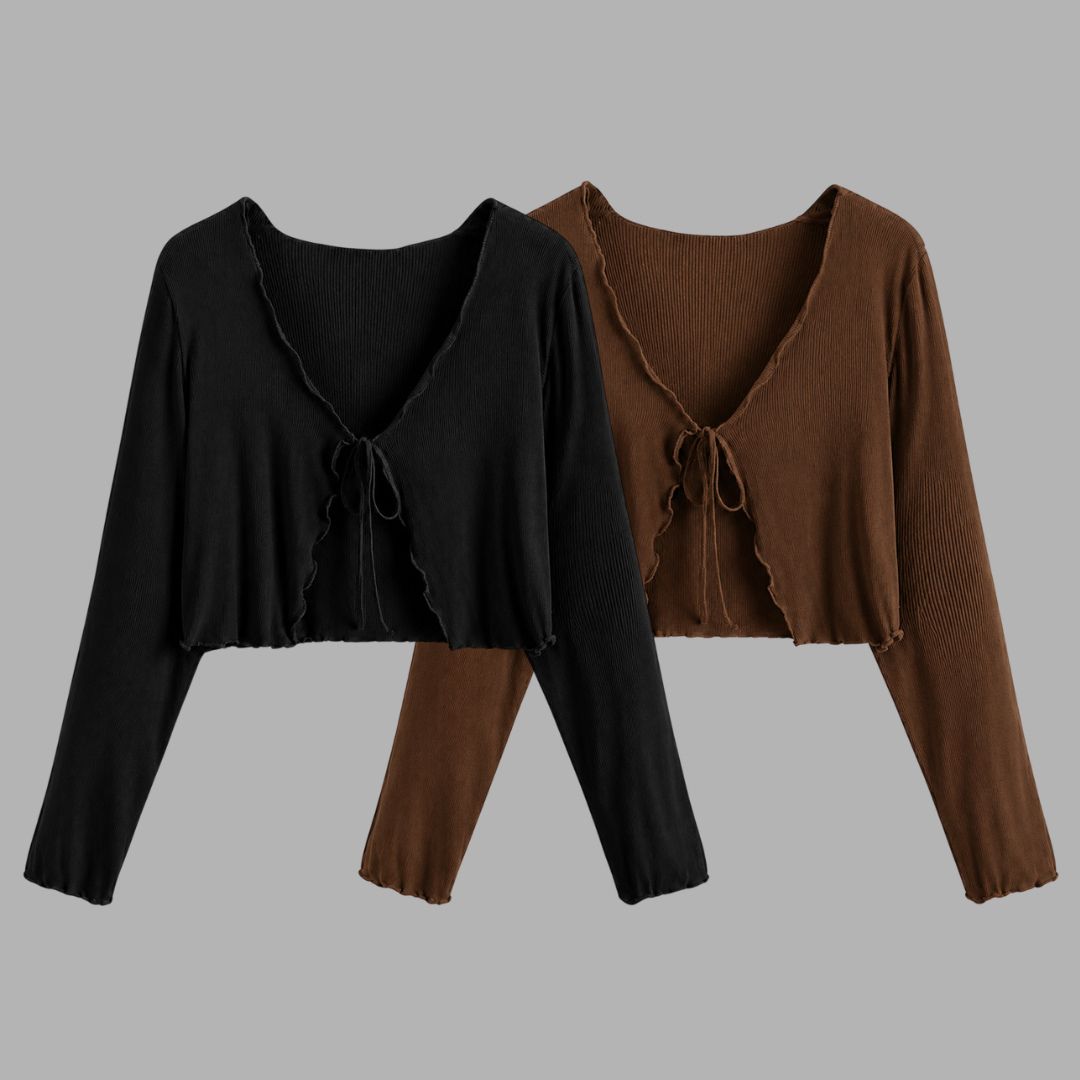 fusion mart Women Robe Style Full Sleeve Brown, Black Shrug-picture-2