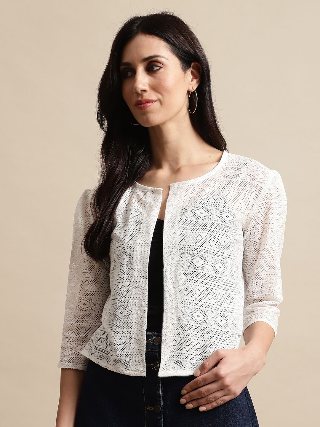 unaone Women Jacket Style 3/4th Sleeve White Shrug-picture-18