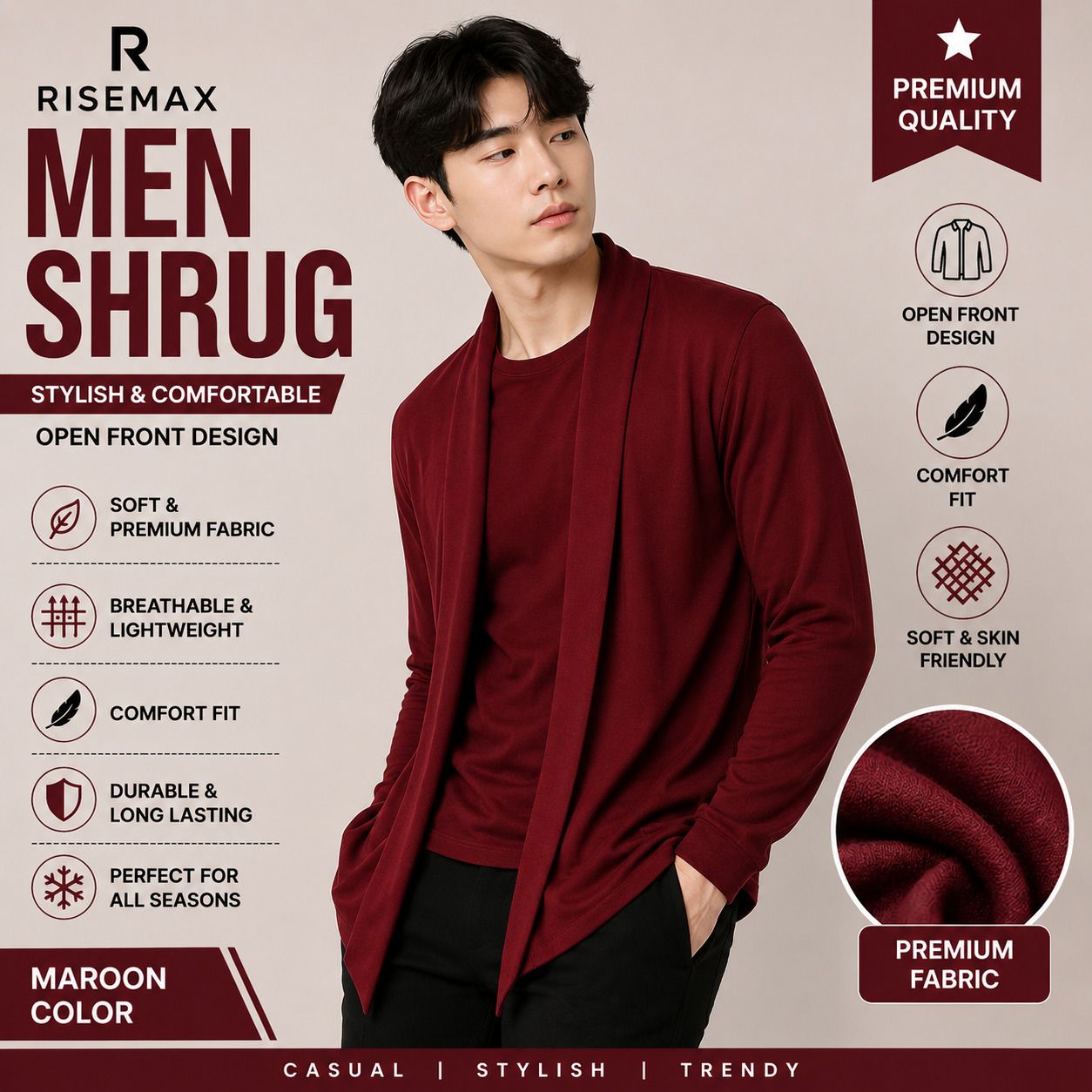 Men Asymmetric Full Sleeve Maroon Shrug-image-10