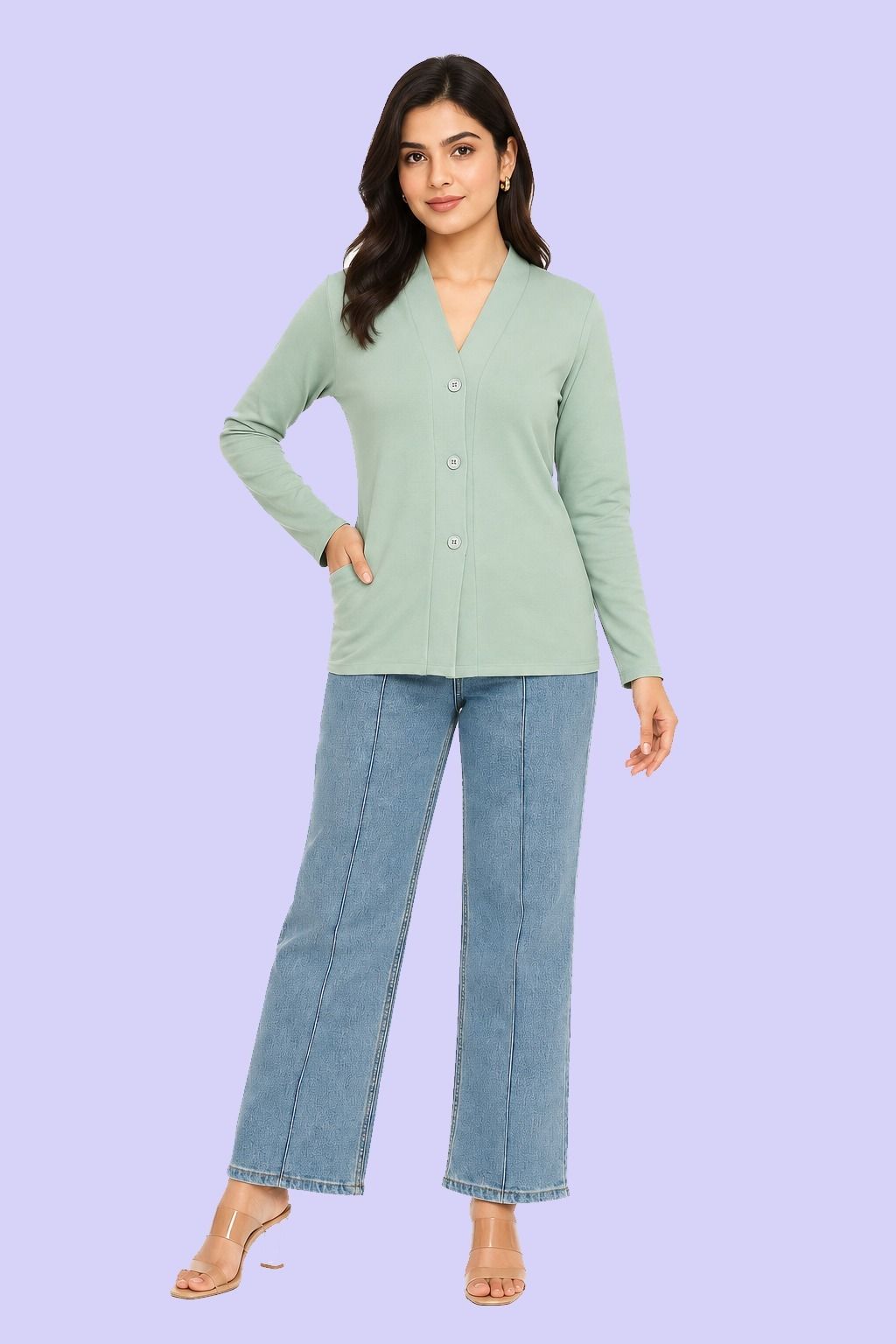 Women Jacket Style Full Sleeve Green Shrug-image-5