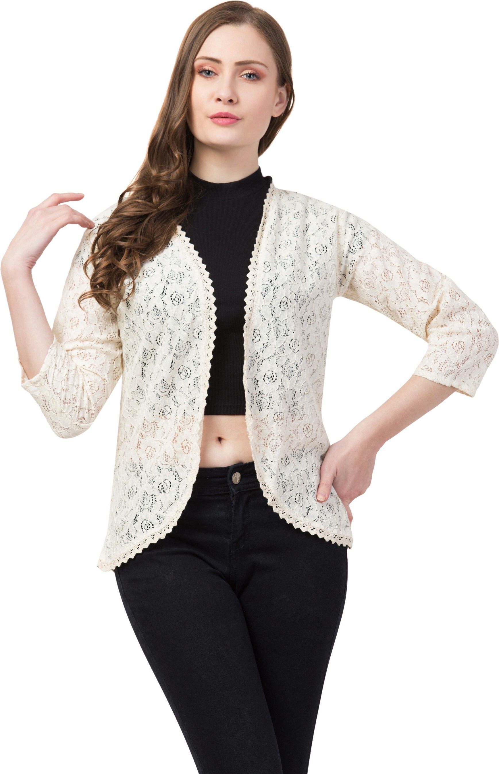 Women Jacket Style 3/4th Sleeve White Shrug-image-31