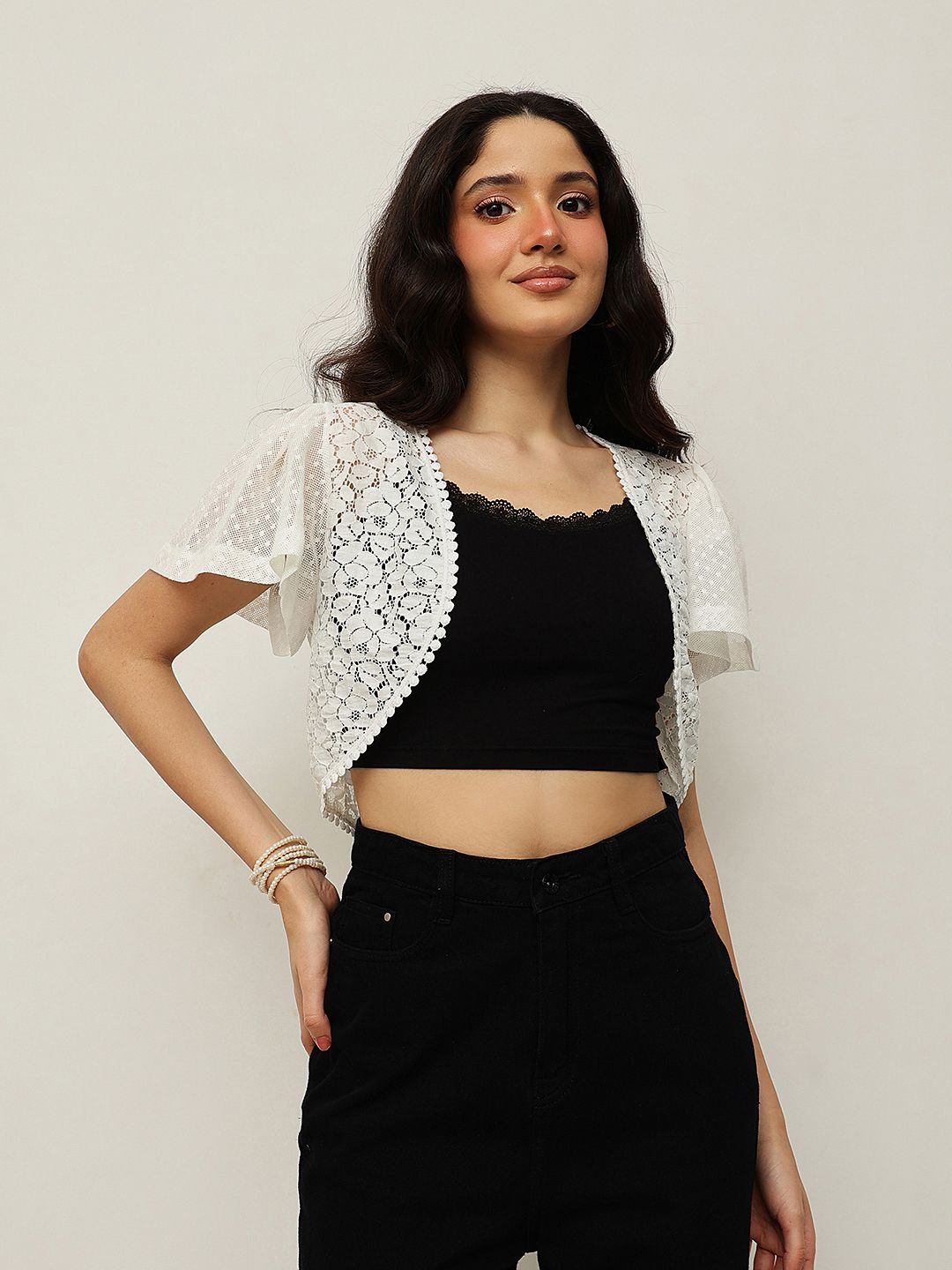 Women Lace Half Sleeve White Shrug-image-2