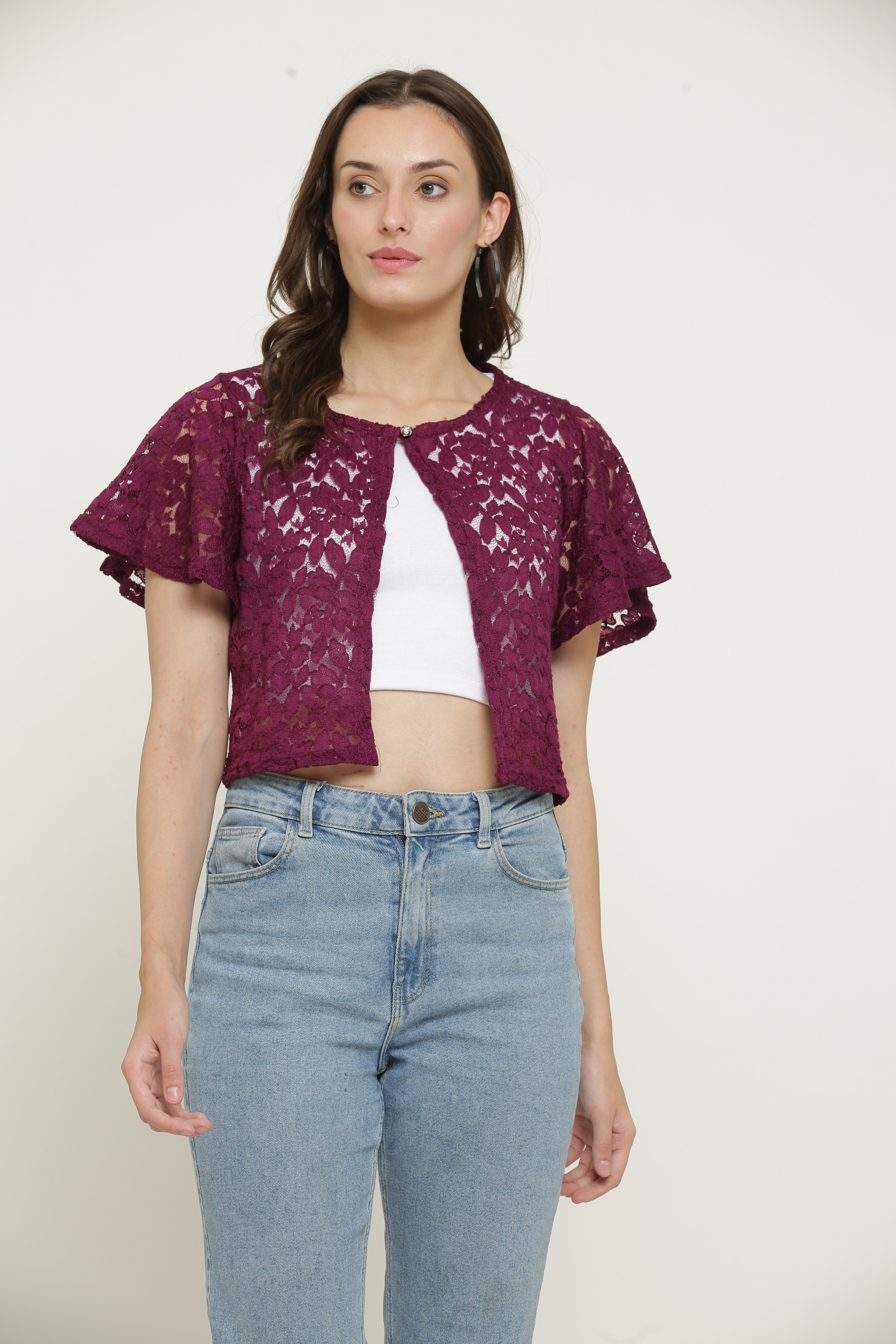 Women Jacket Style Short Sleeve Purple Shrug-image-6