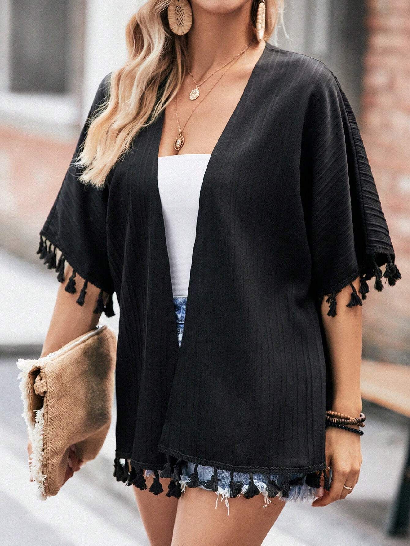 Women Straight Half Sleeve Black Shrug-image-32