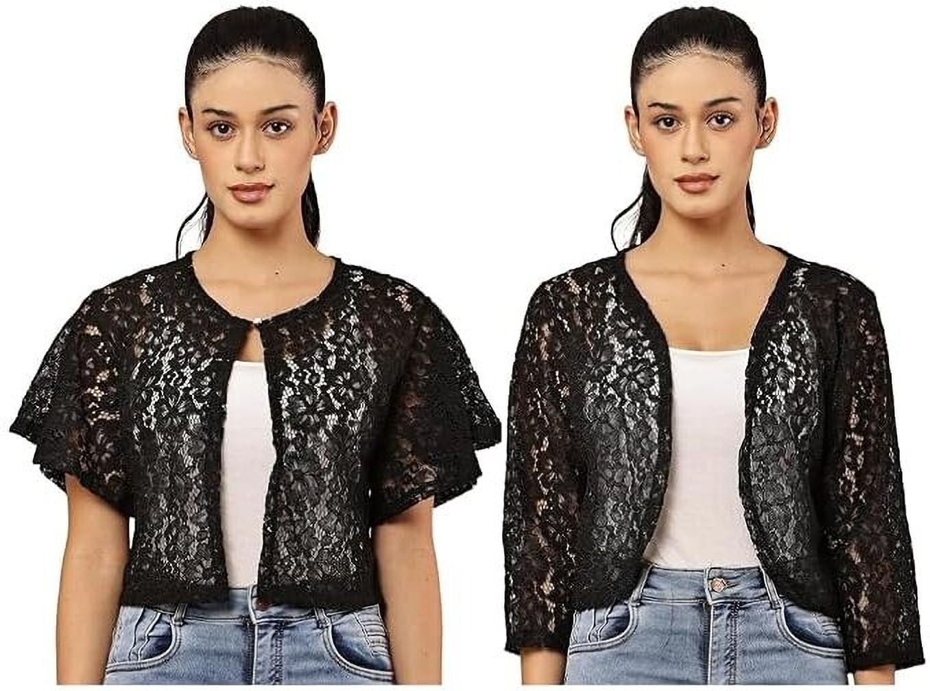 wyxina Women 3/4th Sleeve Black, Black Shrug-picture-2