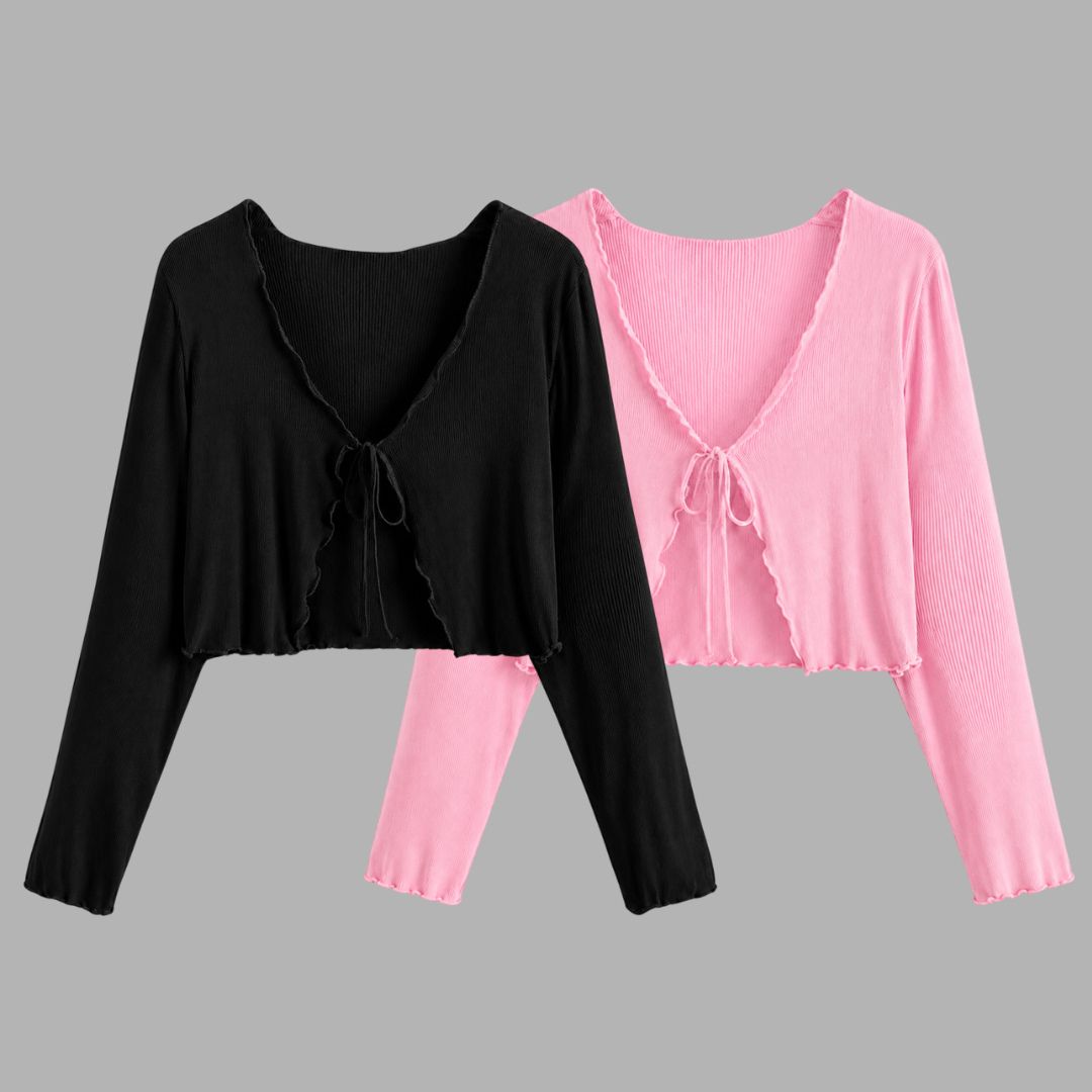 Women Robe Style Full Sleeve Pink, Black Shrug-image-9