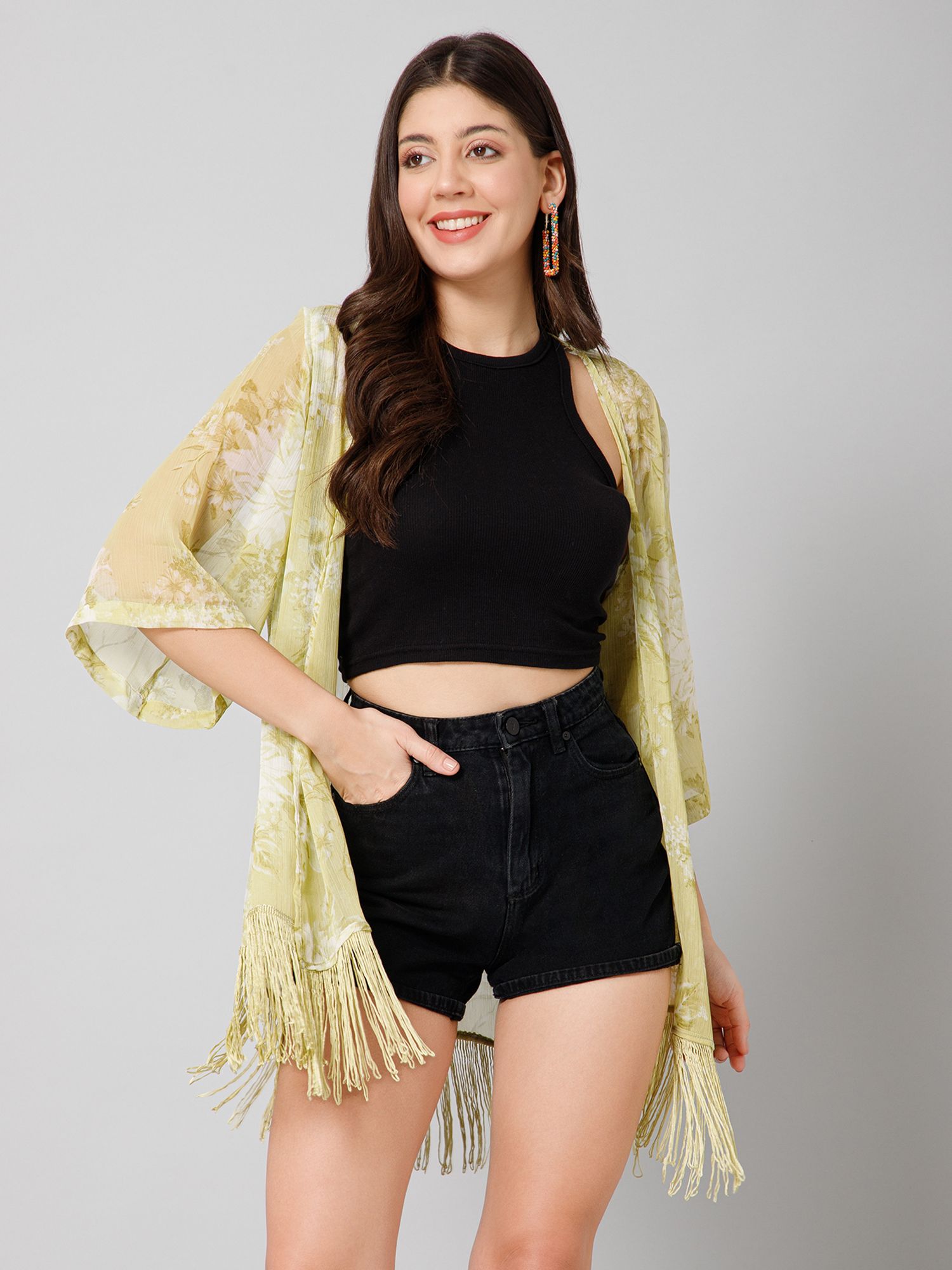 purys Women Fringed 3/4th Sleeve Green Shrug-picture-14