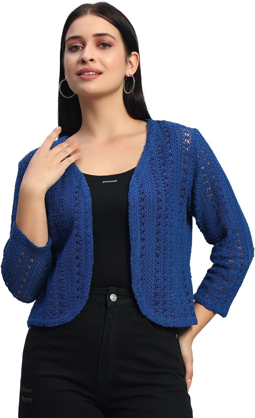 Women Jacket Style 3/4th Sleeve Blue Shrug-image-47
