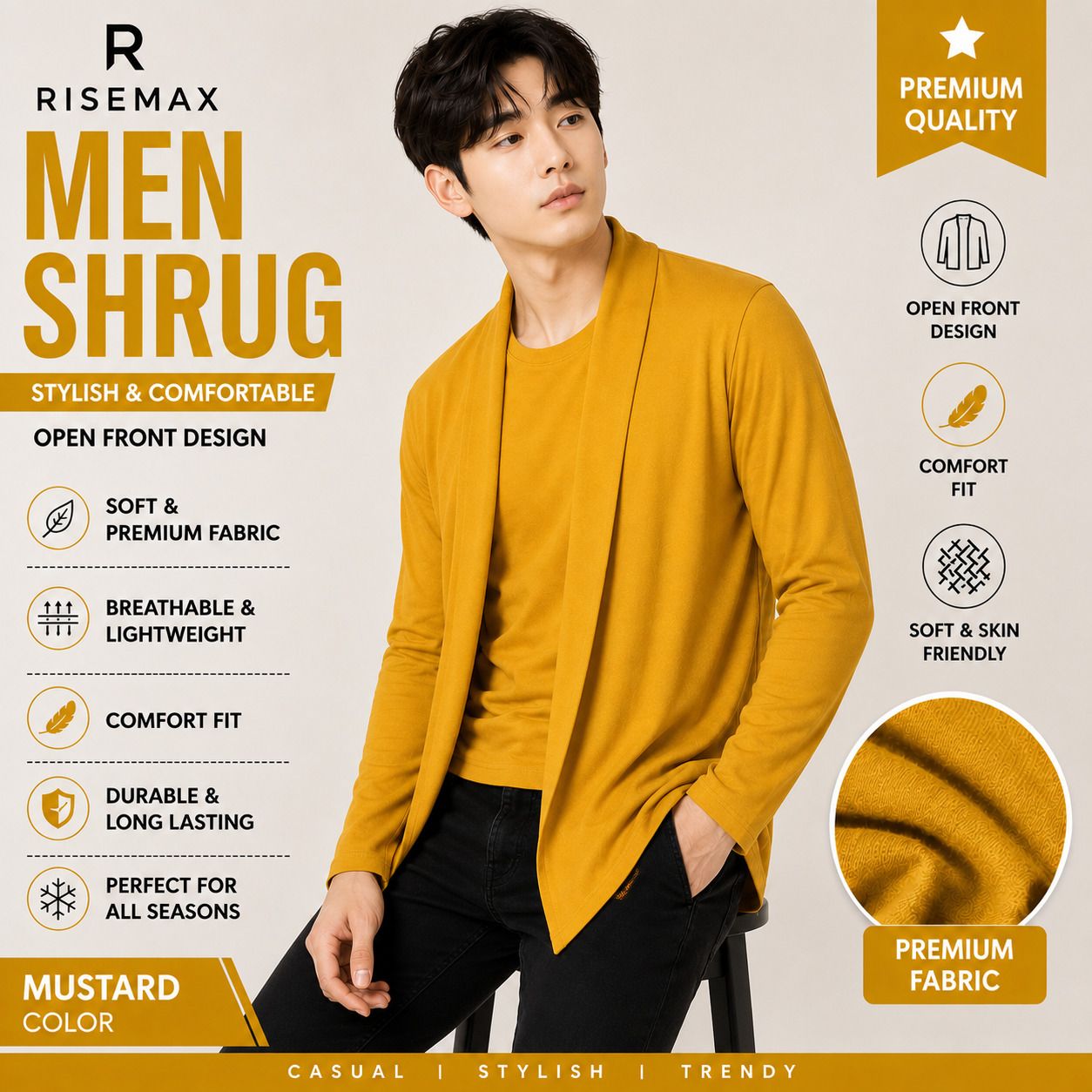 Men Asymmetric Full Sleeve Yellow Shrug-image-14