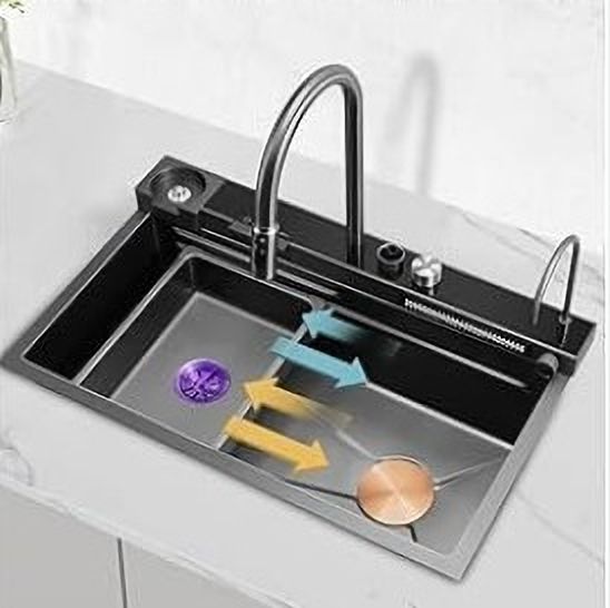 30X18 WATERFALL KITCHEN SINK (NANO BLACK) Vessel Sink Multifunction Faucet Tap Sink Plug