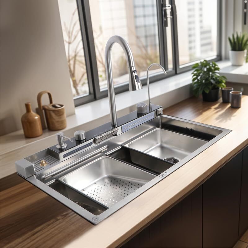 Smart Kitchen Sink Set with Waterfall Faucet, Cup Washer & LED Display Sink Plug, Tub Plug-image-18