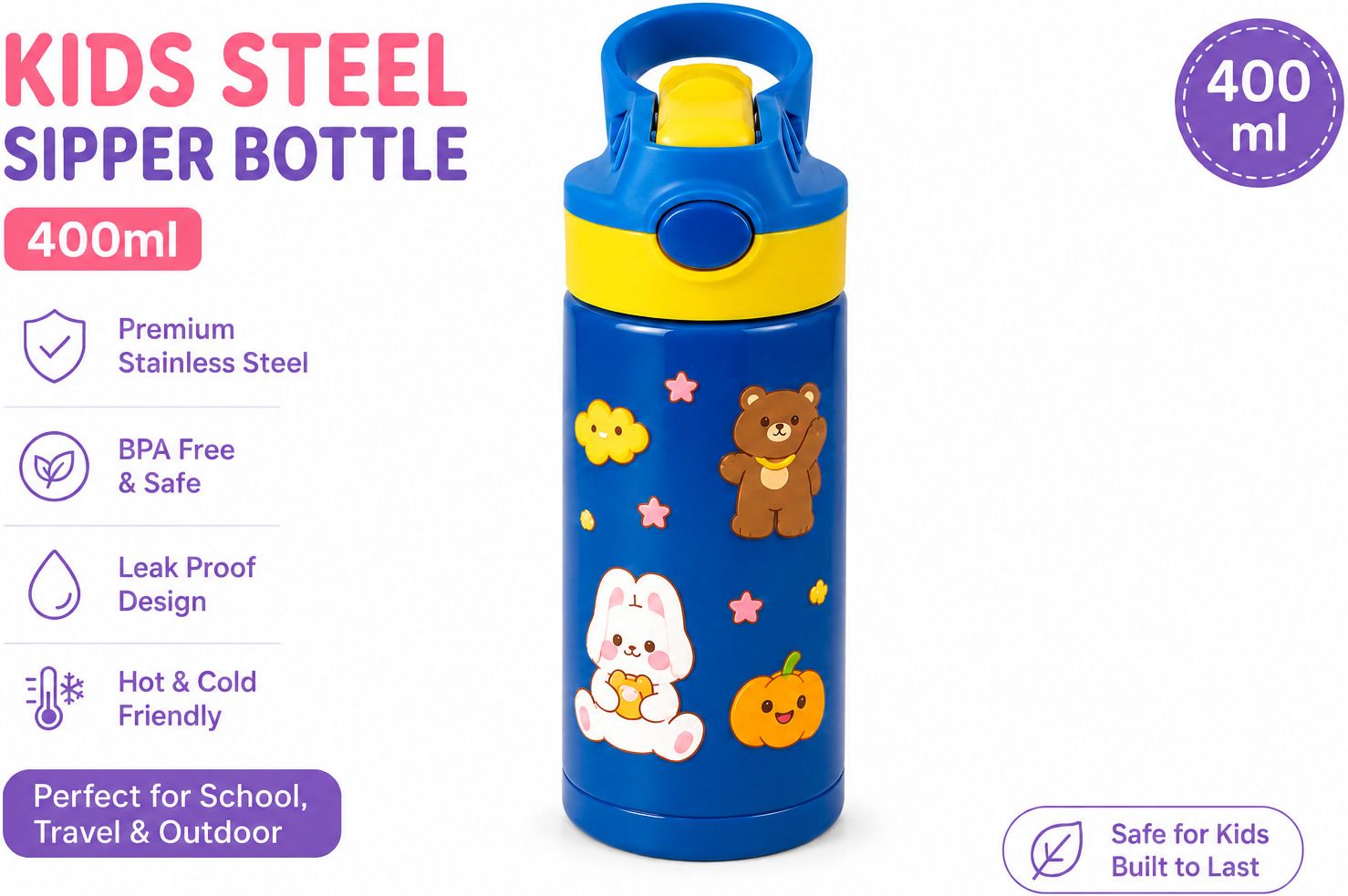 shoppizone Kids Insulated Stainless Steel Sipper Bottle 400ml with DIY Sticker Kit-picture-14
