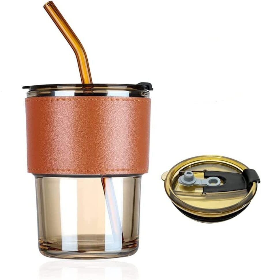 2 in 1 Glass Leather Mug with Silicone Straw and Glass Lid, Multipurpose-image-27