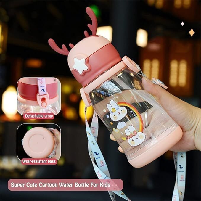 Leakproof Cartoon Printed Deer Horn Sipper Water Bottle with Strap, Straw