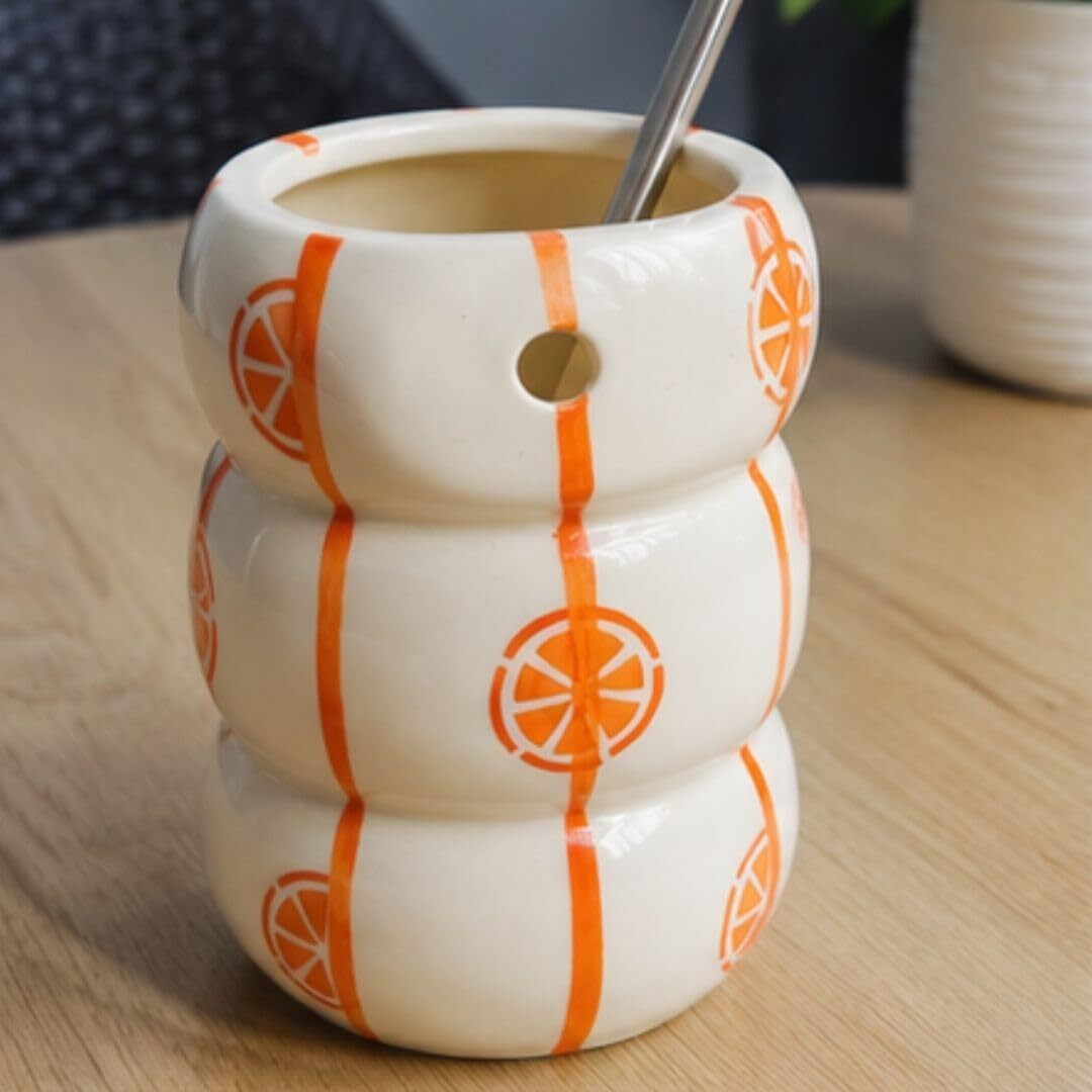 Orange Tumbler with Stainless Steel Straw | Handmade Drinking Glass |-image-43