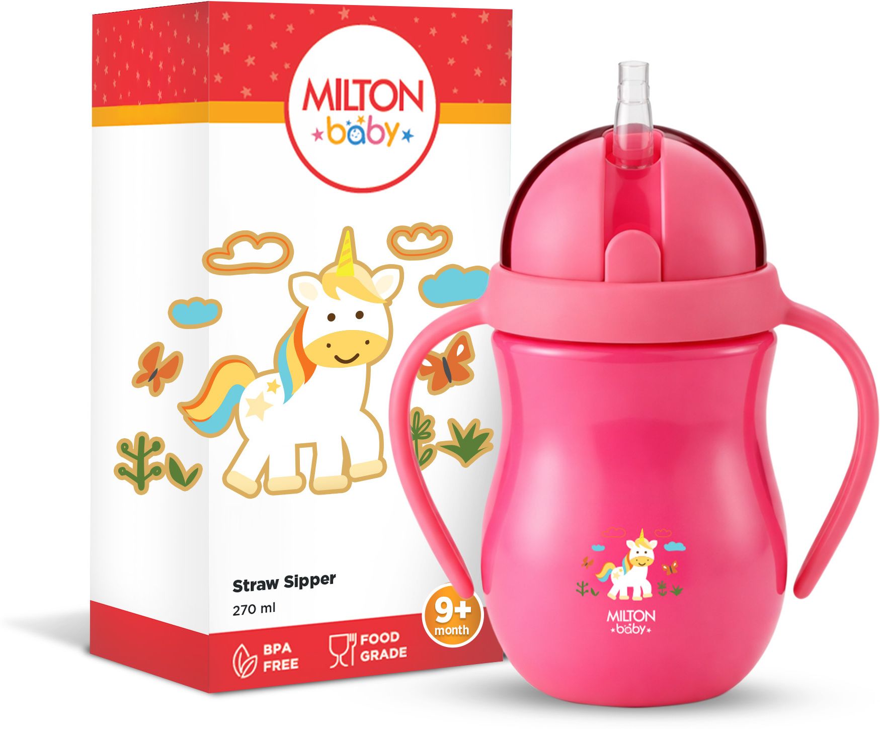 Flexible Straw Sipper Bottle | 360° Drinking for kids 9+ Month, 270 ml, Pink-image-2