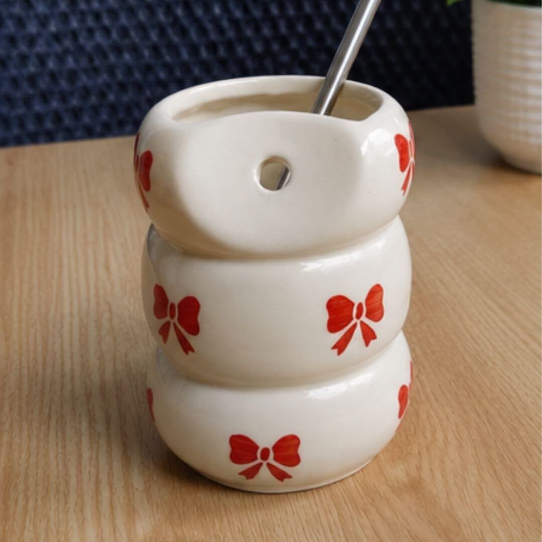 craftribal Red Ribbon Tumbler with Stainless Steel Straw | Handmade Drinking Glass |-picture-38