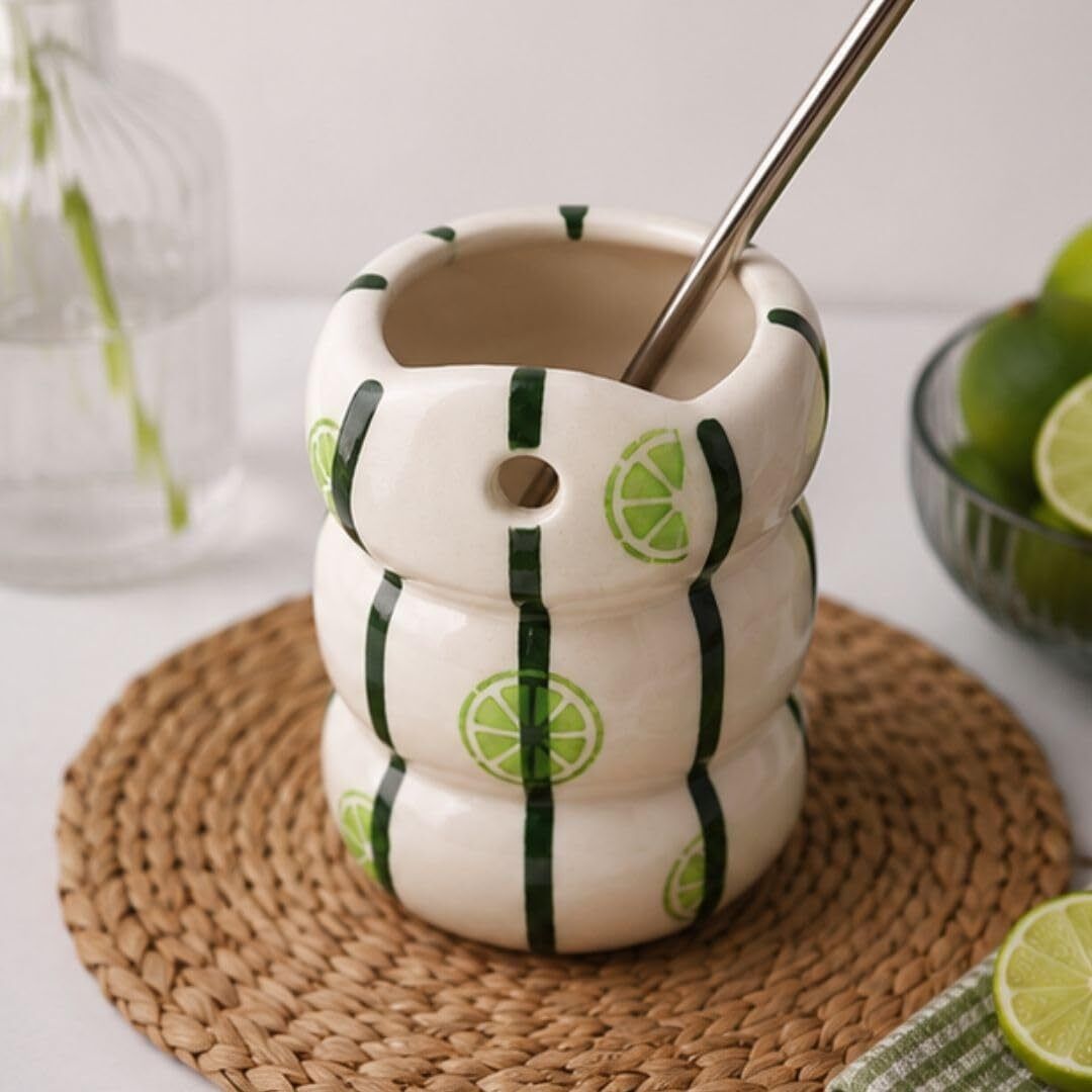 craftribal Lime Tumbler with Stainless Steel Straw | Handmade Drinking Glass |-picture-16