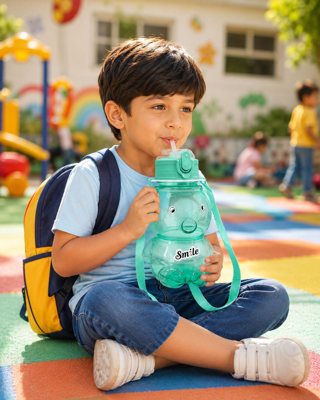 lubin Bear Shape Kids Water Bottle with Straw, BPA Free Leak Proof, Carry Strap-picture-36