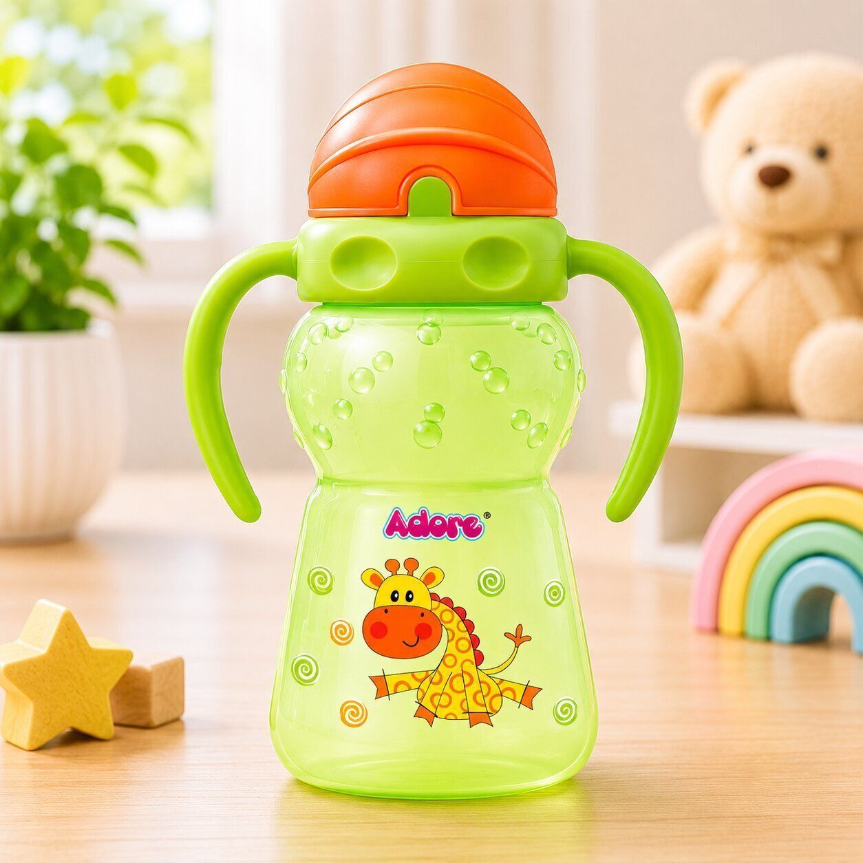 Zing Baby Straw Sipper Bottle Twin Handle Green Giraffe-image-33