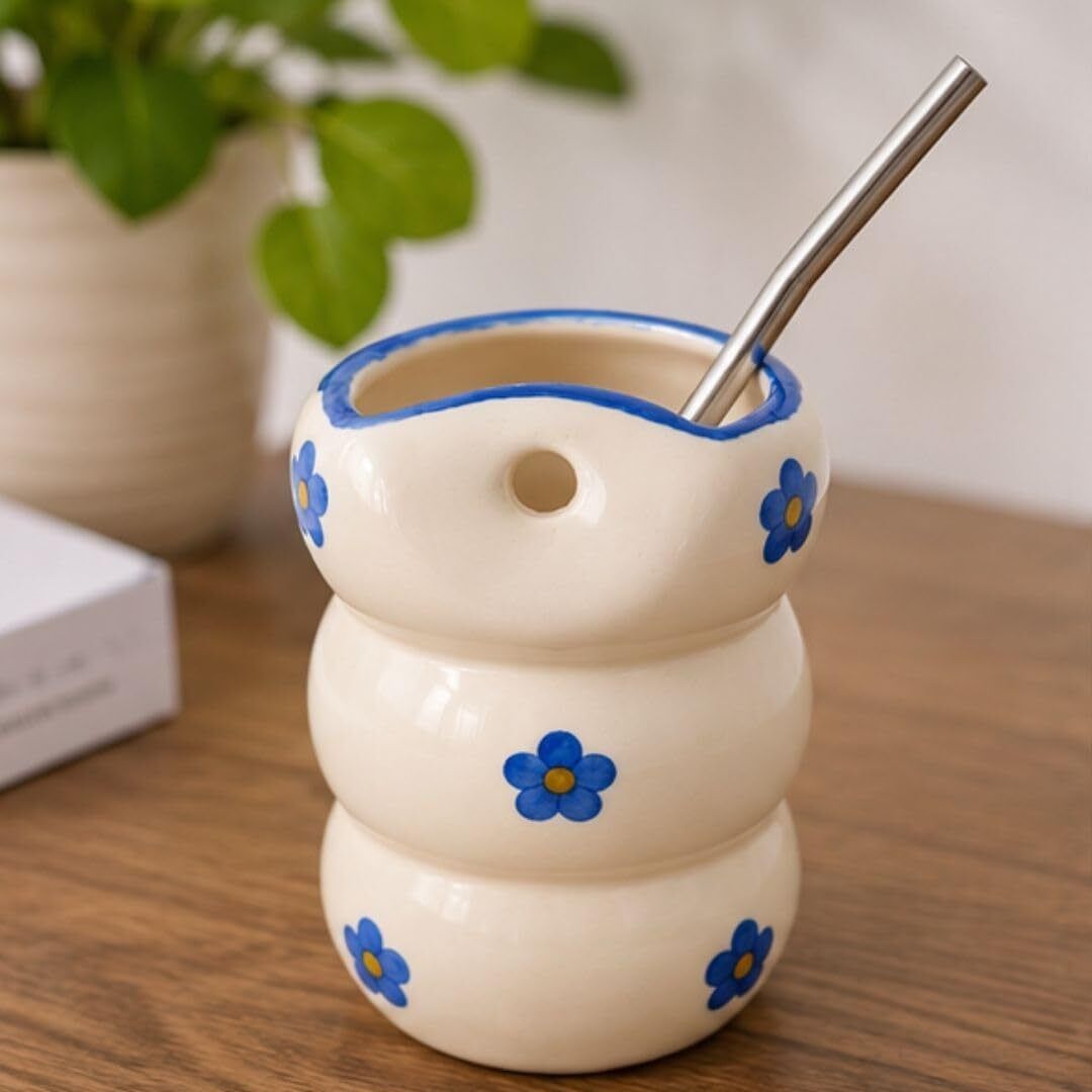 Blue Flower Tumbler with Stainless Steel Straw | Handmade Drinking Glass |-image-13