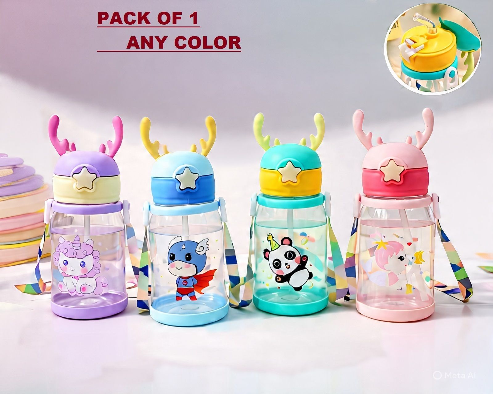 kiyaan Cartoon Character Printed Sipper Bottle with Straw & Antler Cap-picture-5