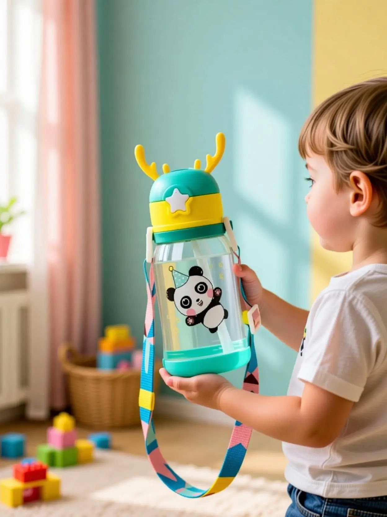 Eco-friendly Baby Water Bottle For Kids With Soft Silicone Straw & Strap - 300ml-image-41