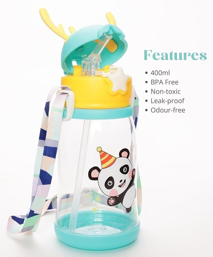 Cartoon Printed Deer Horn Sipper Water Bottle with Strap, Straw, Leakproof-image-45